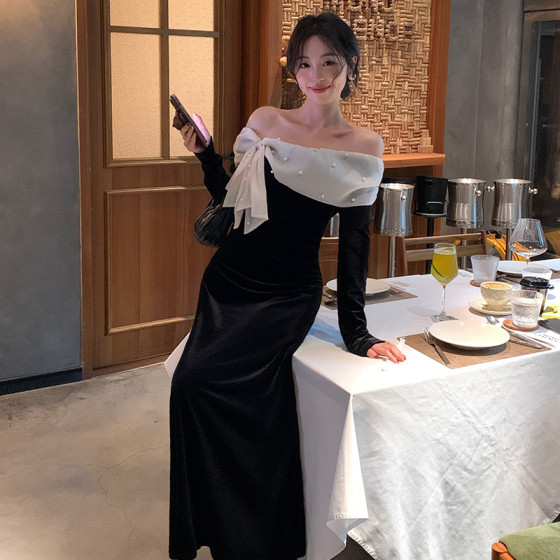 ID:1102 - Autumn and winter high waist elegant dress velvet one shoulder dress high-end slim dress