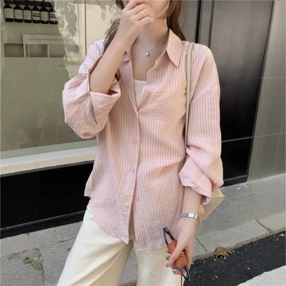 ID:1104 - Long-sleeved loose shirt, stylish top, American retro striped shirt, early spring cardigan