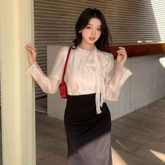 ID:1106 - Spring Qianjin Style Bow Tie Bottoming Shirt Women's Long Sleeve Top