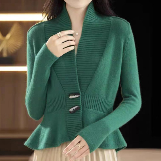 ID:1109 - Knitted cardigan for women in autumn and winter V-neck horn buckle waist-hugging two-pin button lotus leaf sweater for women
